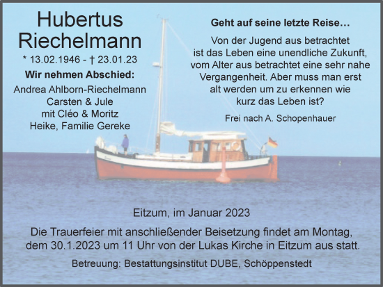Traueranzeige von Hubertus Riechelmann von Helmstedter Nachrichten, Wolfenbütteler Zeitung