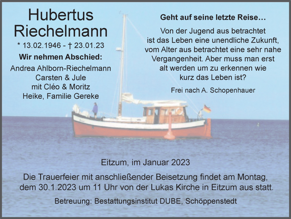  Traueranzeige für Hubertus Riechelmann vom 27.01.2023 aus Helmstedter Nachrichten, Wolfenbütteler Zeitung