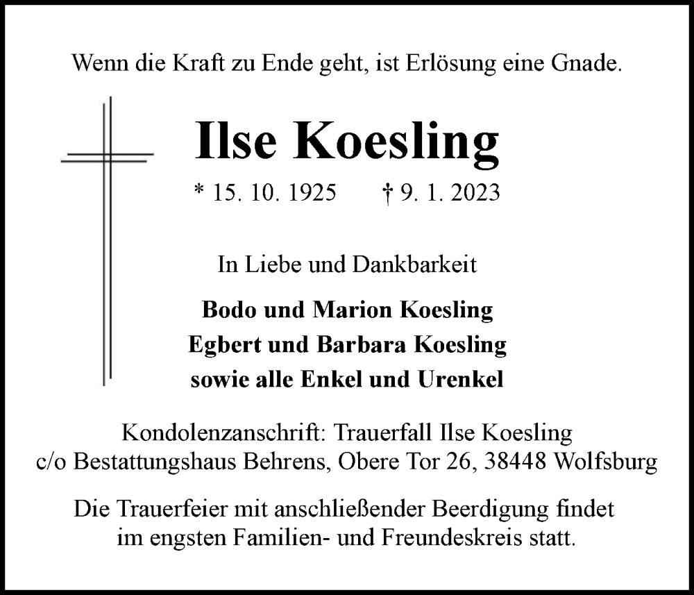 Traueranzeige für Ilse Koesling vom 14.01.2023 aus Wolfsburger Nachrichten
