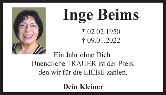 Traueranzeige von Inge Beims von Braunschweiger Zeitung