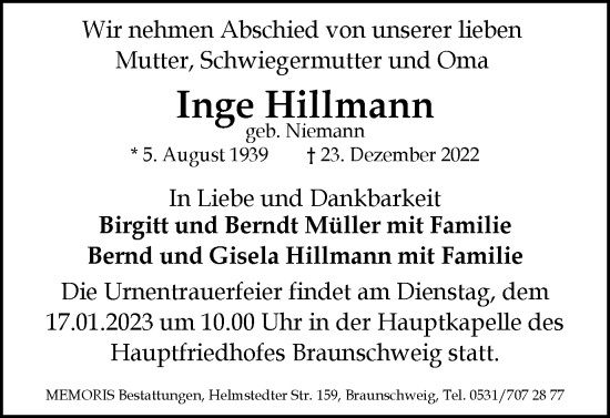 Traueranzeige von Inge Hillmann von Braunschweiger Zeitung