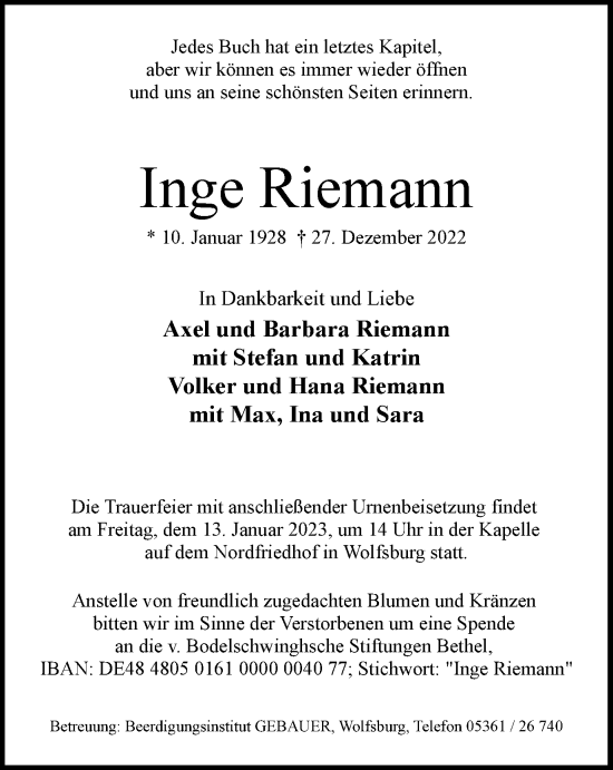 Traueranzeige von Inge Riemann von Wolfsburger Nachrichten
