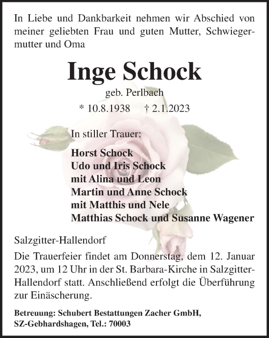 Traueranzeige von Inge Schock von Salzgitter-Zeitung
