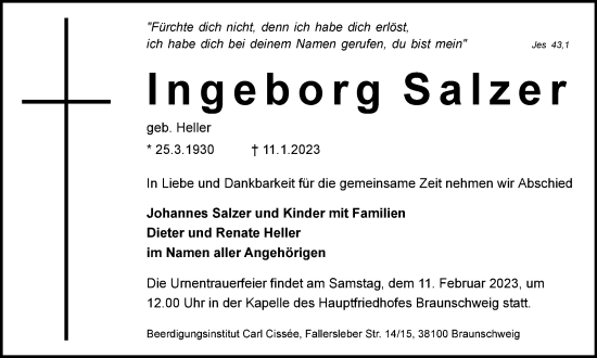 Traueranzeige von Ingeborg Salzer von Braunschweiger Zeitung
