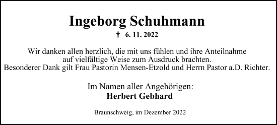 Traueranzeige von Ingeborg Schuhmann von Braunschweiger Zeitung