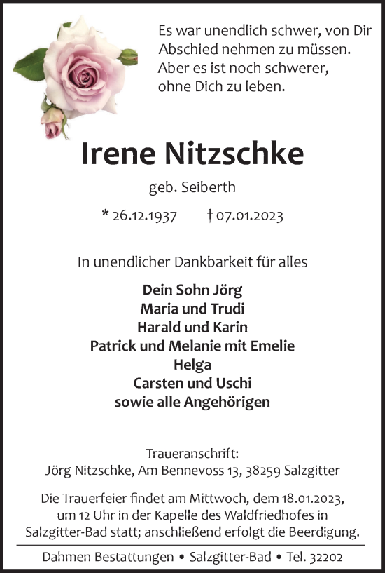 Traueranzeige von Irene Nitzschke von Salzgitter-Zeitung