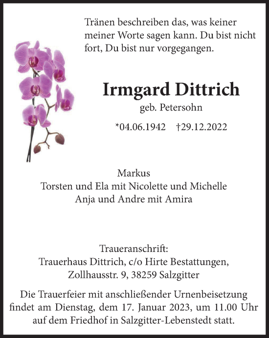 Traueranzeige von Irmgard Dittrich von Salzgitter-Zeitung