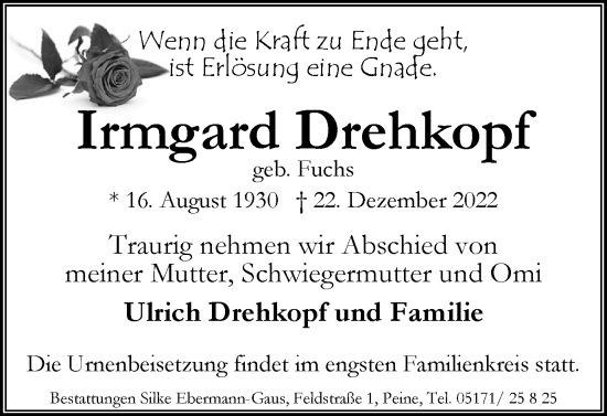 Traueranzeige von Irmgard Drehkopf von Braunschweiger Zeitung