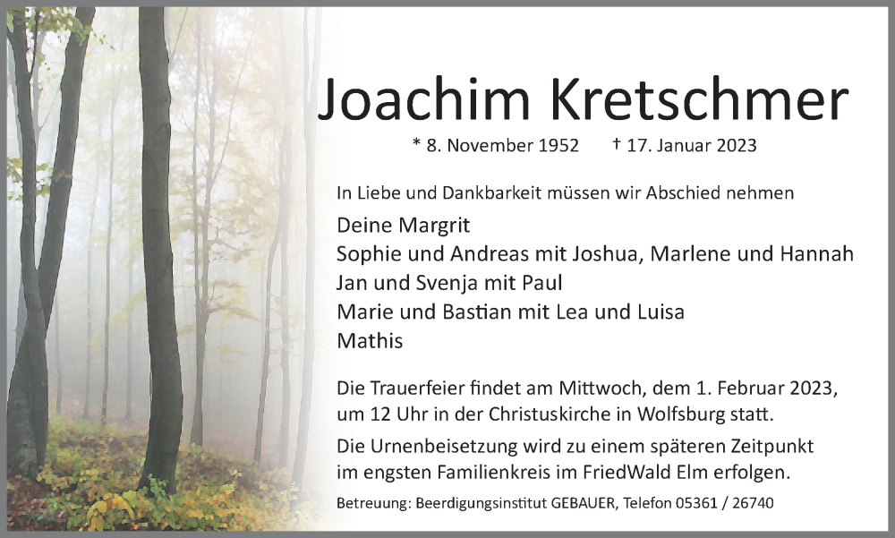  Traueranzeige für Joachim Kretschmer vom 21.01.2023 aus Wolfsburger Nachrichten