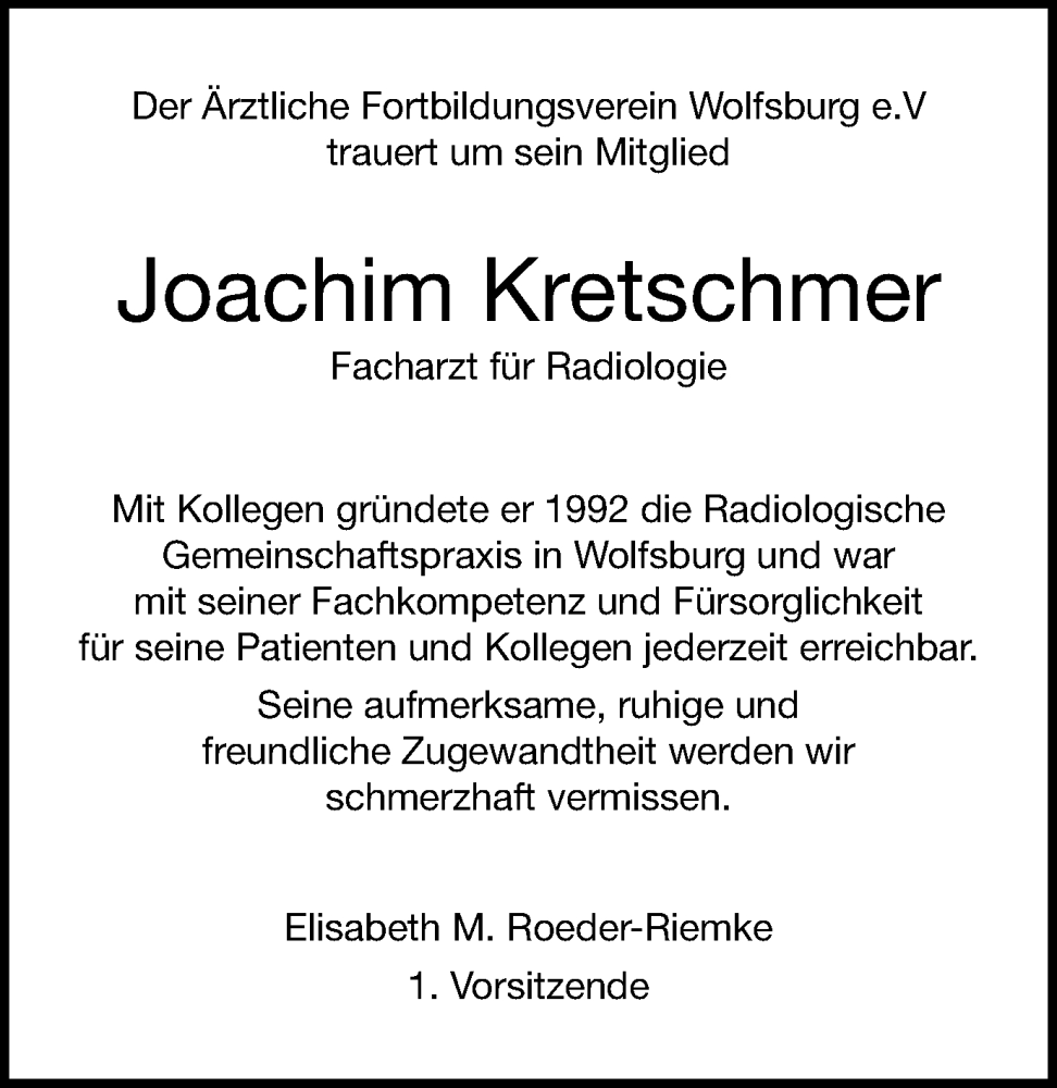  Traueranzeige für Joachim Kretschmer vom 25.01.2023 aus Wolfsburger Nachrichten