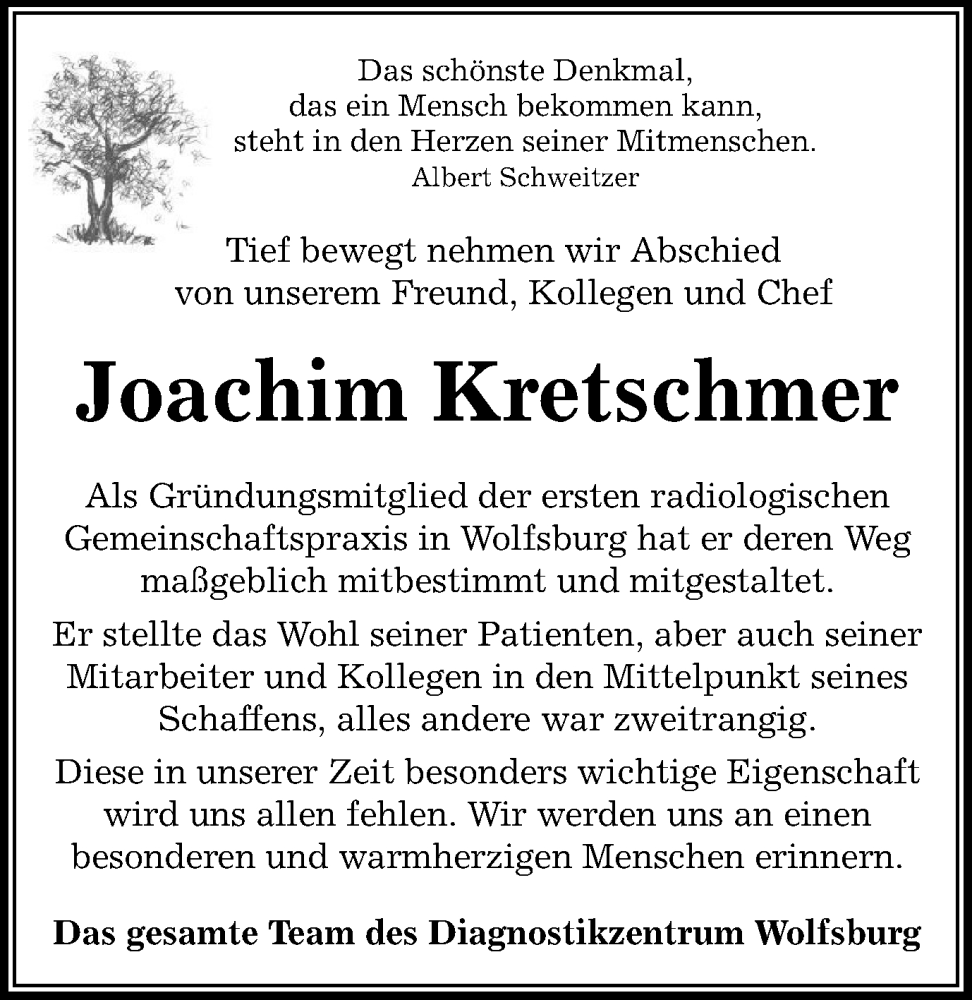  Traueranzeige für Joachim Kretschmer vom 21.01.2023 aus Wolfsburger Nachrichten