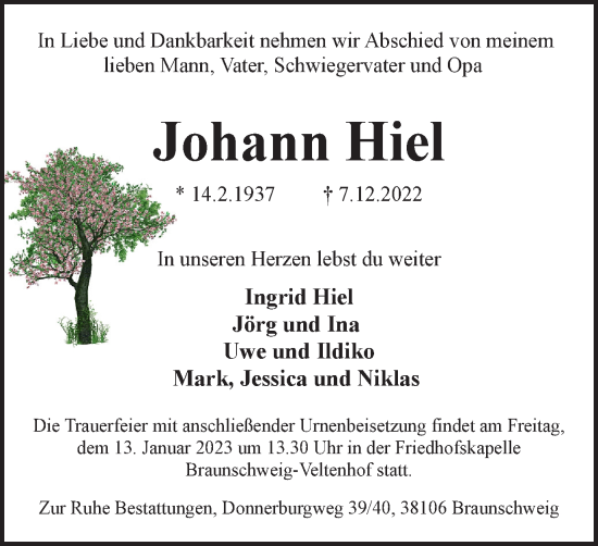 Traueranzeige von Johann Hiel von Braunschweiger Zeitung