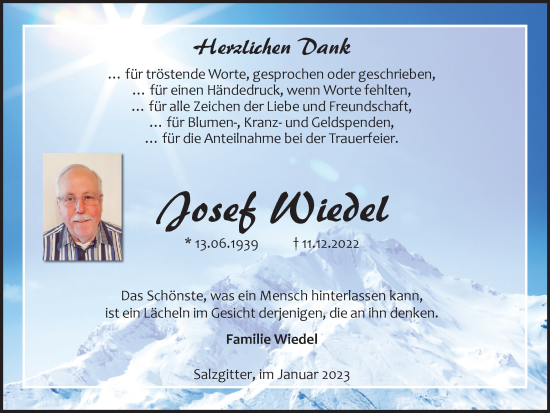 Traueranzeige von Josef Wiedel von Salzgitter-Zeitung