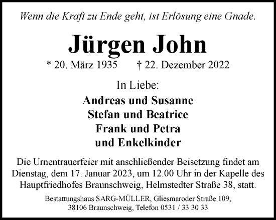 Traueranzeige von Jürgen John von Braunschweiger Zeitung