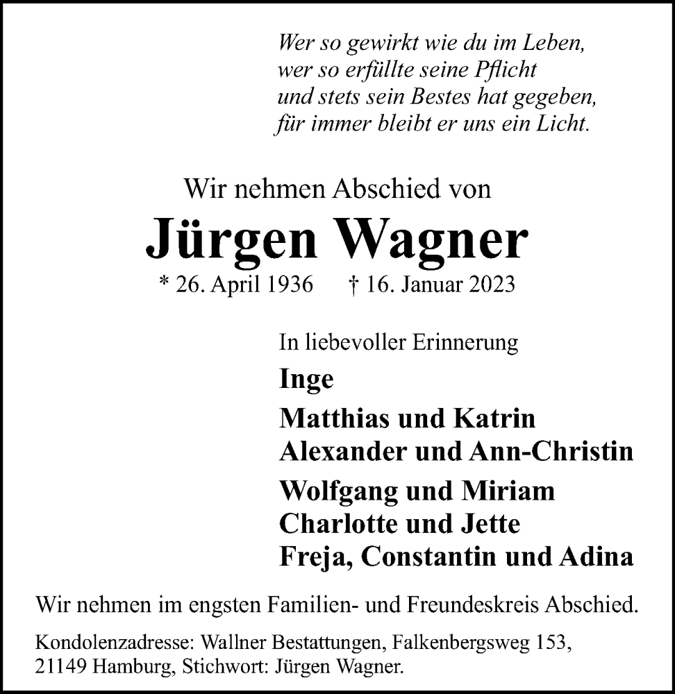  Traueranzeige für Jürgen Wagner vom 28.01.2023 aus Wolfenbütteler Zeitung