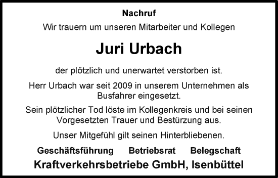 Traueranzeige von Juri Urbach von Wolfsburger Nachrichten