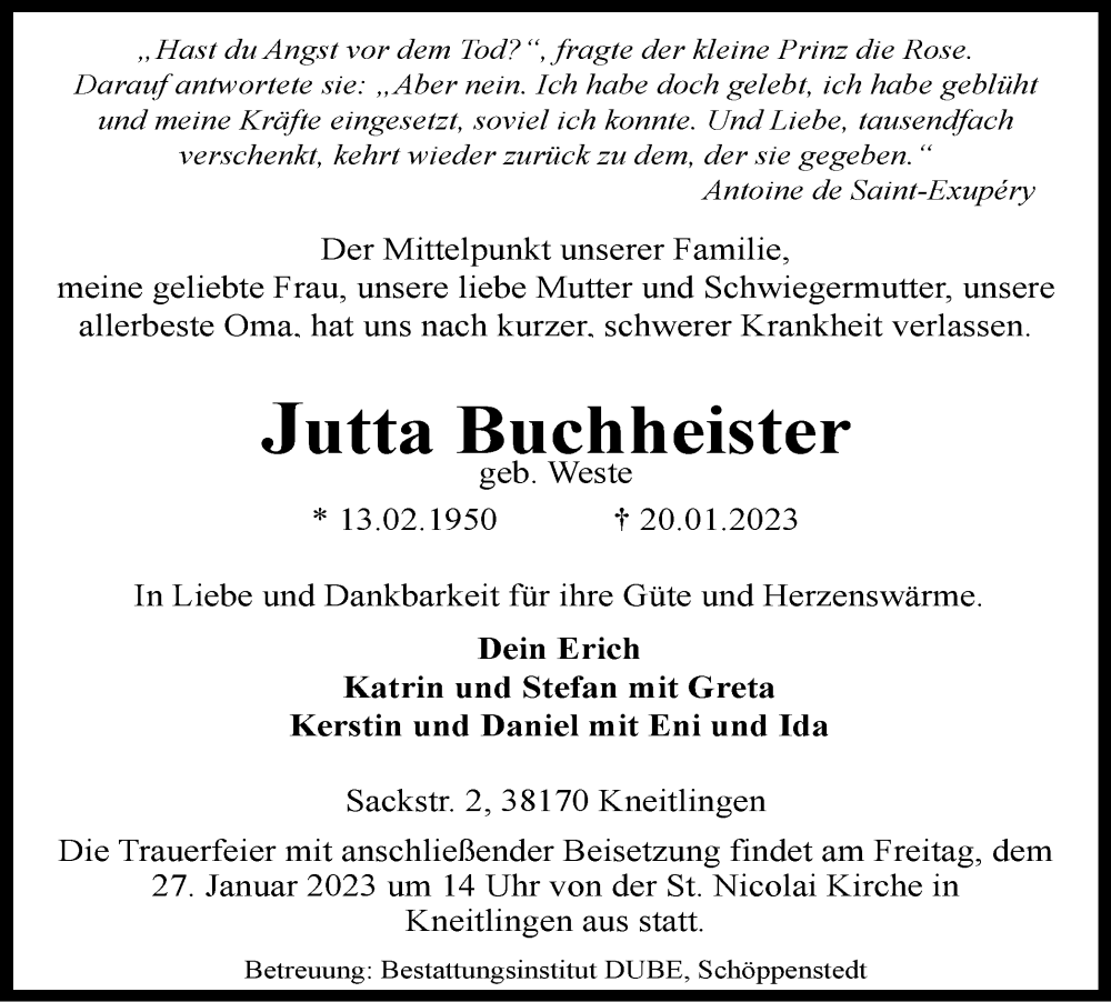  Traueranzeige für Jutta Buchheister vom 24.01.2023 aus Wolfenbütteler Zeitung