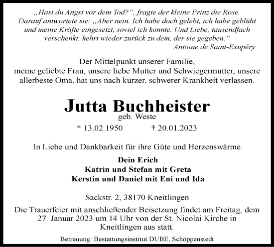 Traueranzeige von Jutta Buchheister von Wolfenbütteler Zeitung