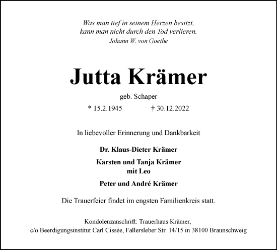 Traueranzeige von Jutta Krämer von Braunschweiger Zeitung