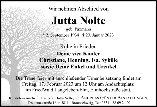 Traueranzeige von Jutta Nolte von Braunschweiger Zeitung, Helmstedter Nachrichten