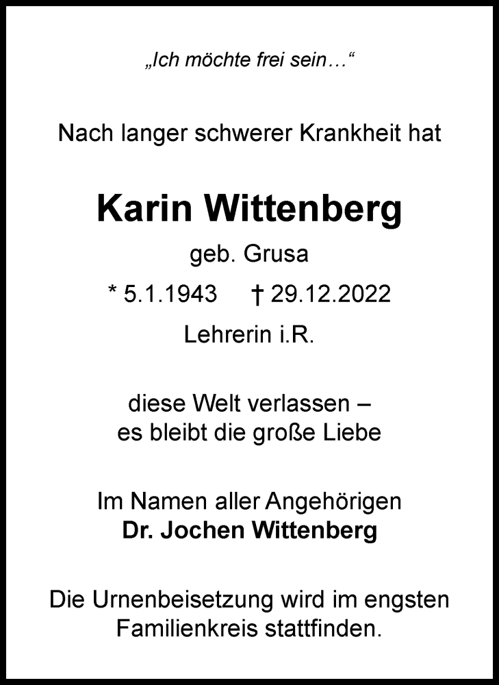  Traueranzeige für Karin Wittenberg vom 03.01.2023 aus Braunschweiger Zeitung