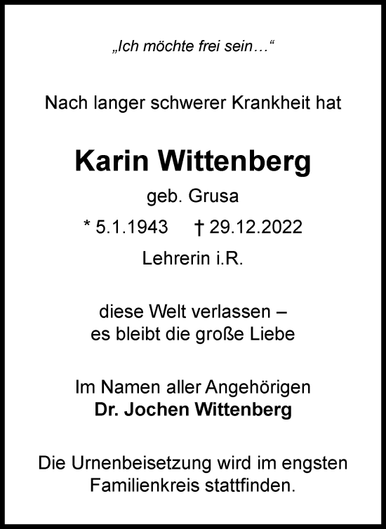 Traueranzeige von Karin Wittenberg von Braunschweiger Zeitung
