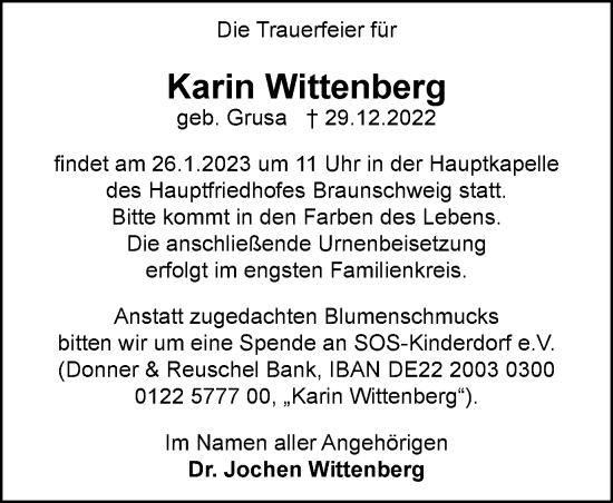 Traueranzeige von Karin Wittenberg von Braunschweiger Zeitung