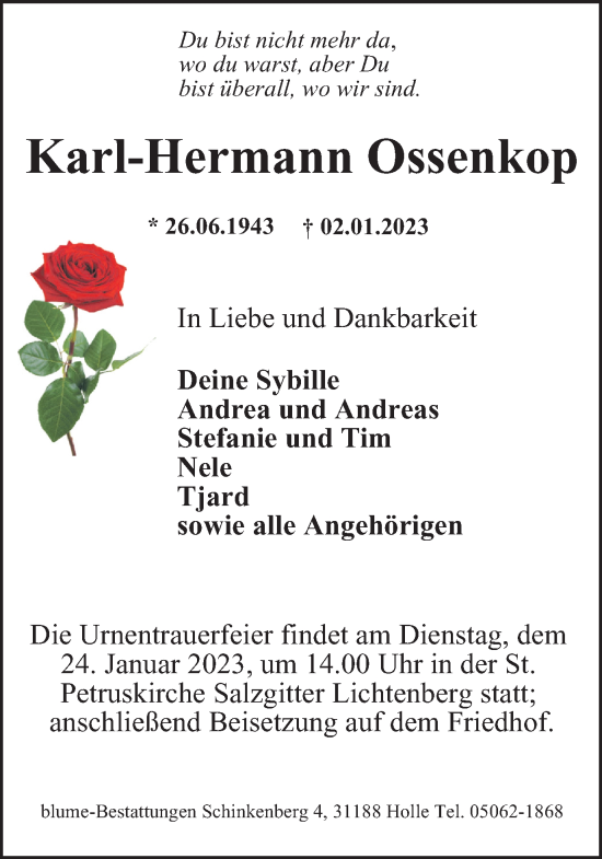Traueranzeige von Karl-Hermann Ossenkop von Salzgitter-Zeitung