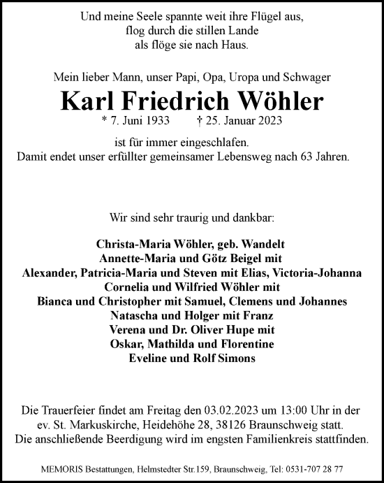 Traueranzeige von Karl Friedrich Wöhler von Braunschweiger Zeitung