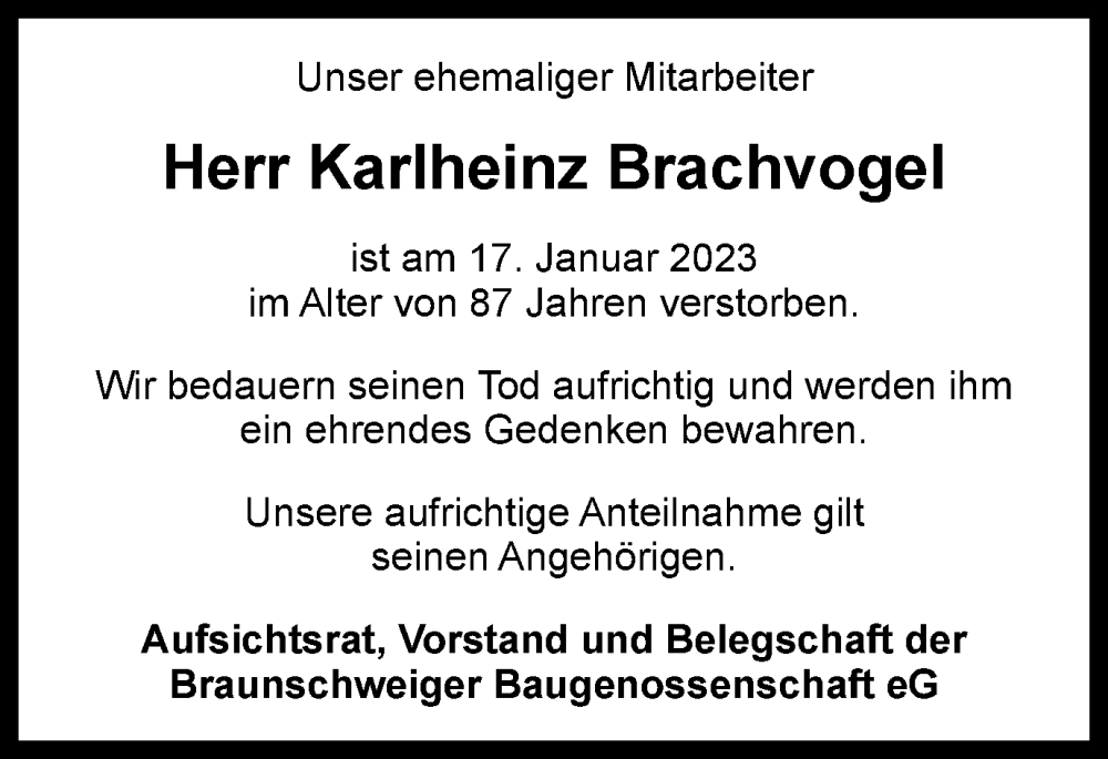  Traueranzeige für Karlheinz Brachvogel vom 28.01.2023 aus Braunschweiger Zeitung