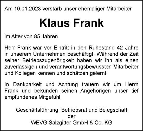 Traueranzeige von Klaus Frank von Salzgitter-Zeitung