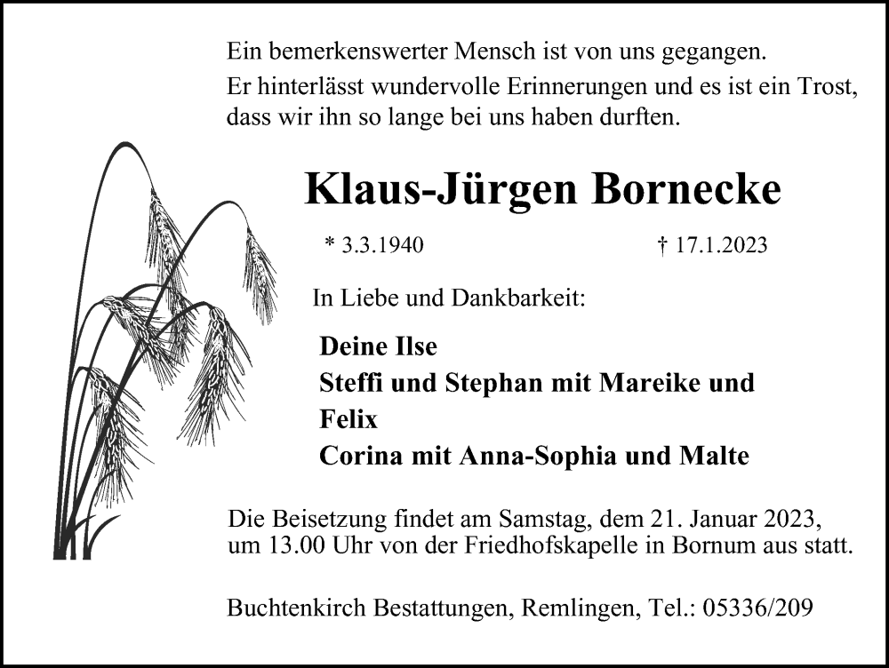  Traueranzeige für Klaus-Jürgen Bornecke vom 19.01.2023 aus Wolfenbütteler Zeitung