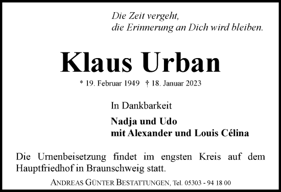 Traueranzeige von Klaus Urban von Braunschweiger Zeitung