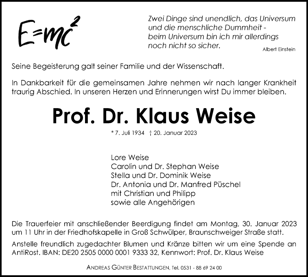  Traueranzeige für Klaus Weise vom 25.01.2023 aus Braunschweiger Zeitung