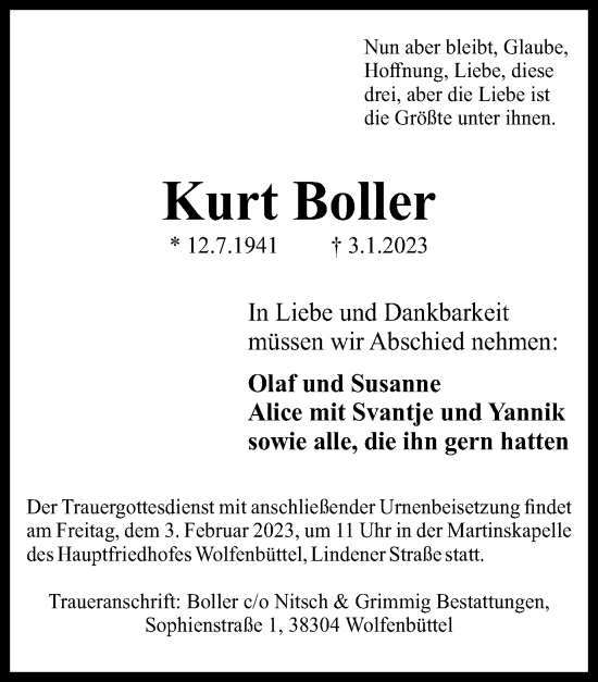 Traueranzeige von Kurt Boller von Wolfenbütteler Zeitung