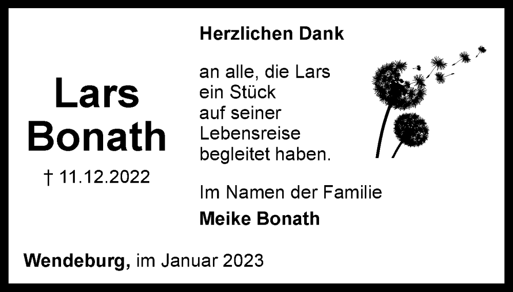  Traueranzeige für Lars Bonath vom 25.01.2023 aus Peiner Nachrichten