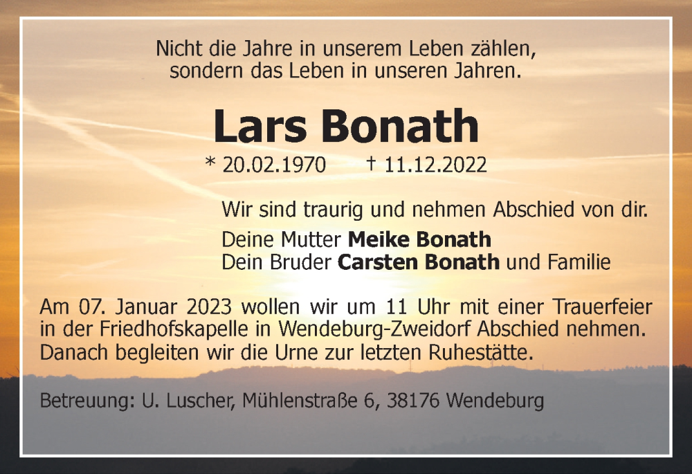  Traueranzeige für Lars Bonath vom 04.01.2023 aus Peiner Nachrichten