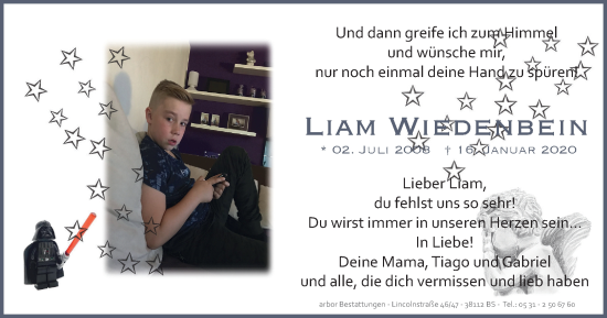 Traueranzeige von Liam Wiedenbein von Braunschweiger Zeitung