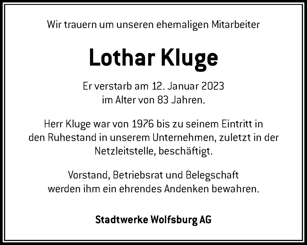  Traueranzeige für Lothar Kluge vom 28.01.2023 aus Wolfsburger Nachrichten