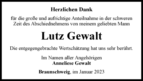 Traueranzeige von Lutz Gewalt von Braunschweiger Zeitung