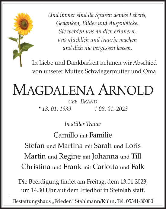 Traueranzeige von Magdalena Arnold von Salzgitter-Zeitung