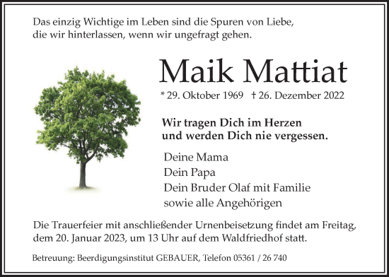 Traueranzeige von Maik Mattiat von Wolfsburger Nachrichten