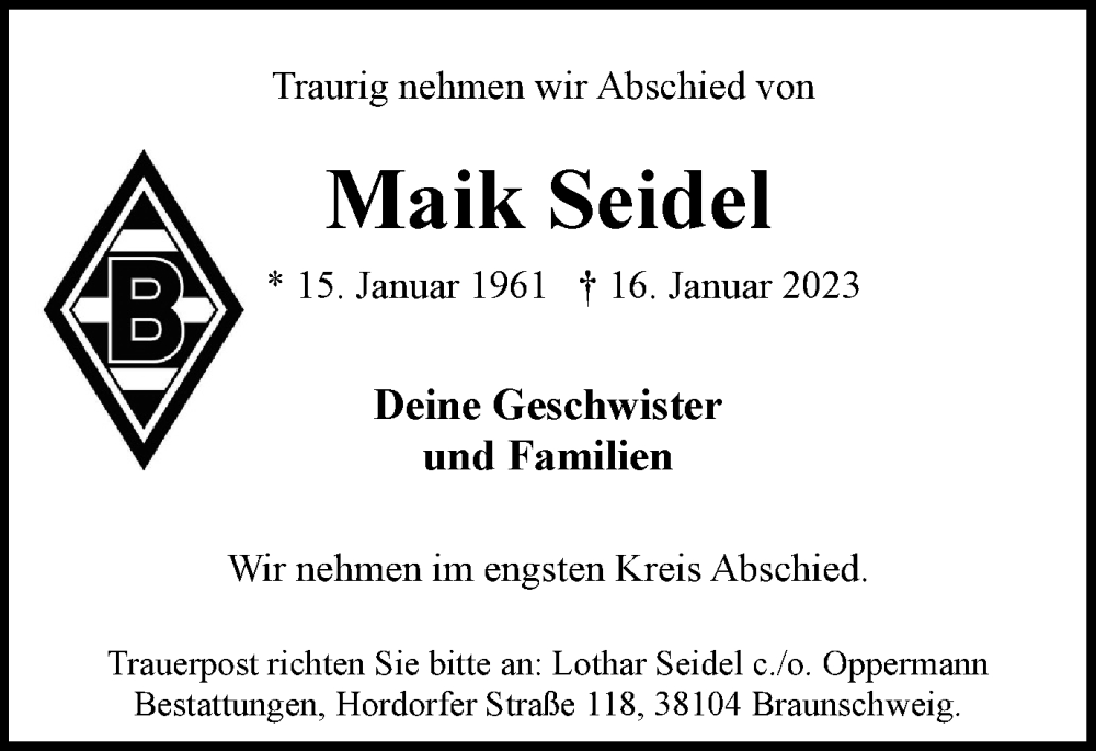  Traueranzeige für Maik Seidel vom 21.01.2023 aus Braunschweiger Zeitung