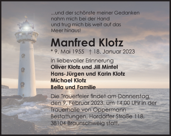 Traueranzeige von Manfred Klotz von Braunschweiger Zeitung