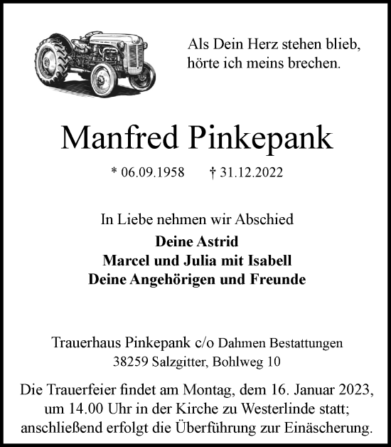 Traueranzeige von Manfred Pinkepank von Salzgitter-Zeitung