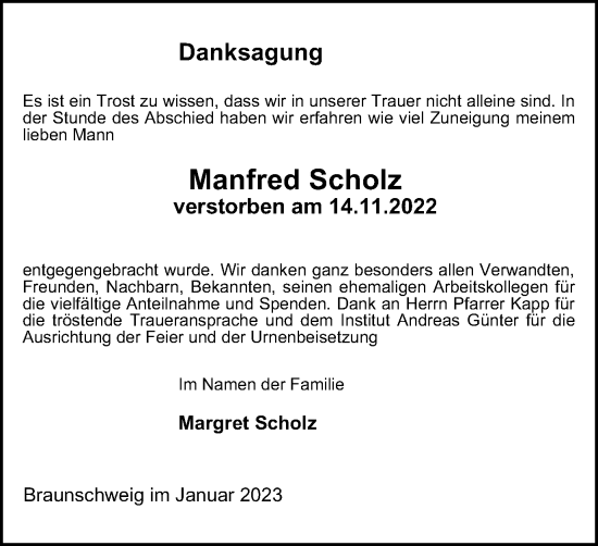 Traueranzeige von Manfred Scholz von Braunschweiger Zeitung
