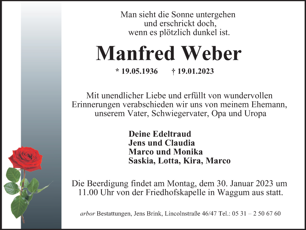  Traueranzeige für Manfred Weber vom 28.01.2023 aus Braunschweiger Zeitung