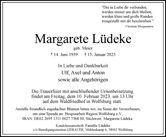 Traueranzeige von Margarete Lüdeke von Wolfsburger Nachrichten