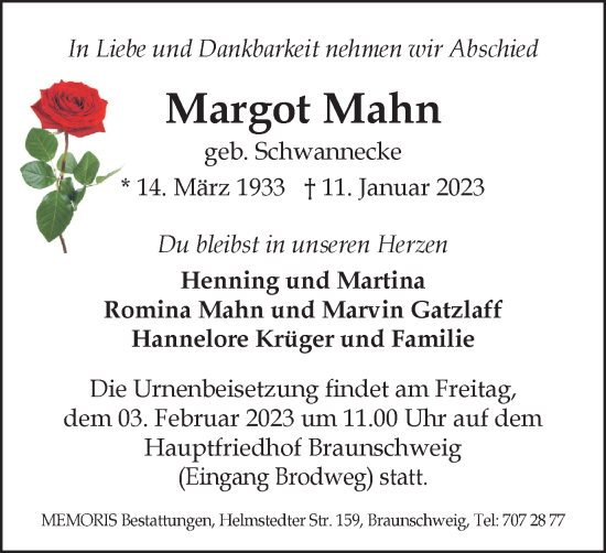Traueranzeige von Margot Mahn von Braunschweiger Zeitung