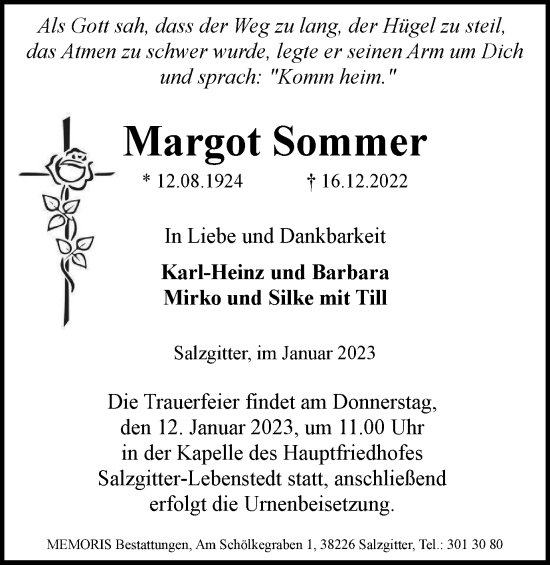 Traueranzeige von Margot Sommer von Salzgitter-Zeitung